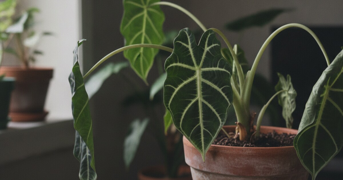 Alocasia plant with drooping elephant ear leaves and bent petioles in an indoor setting