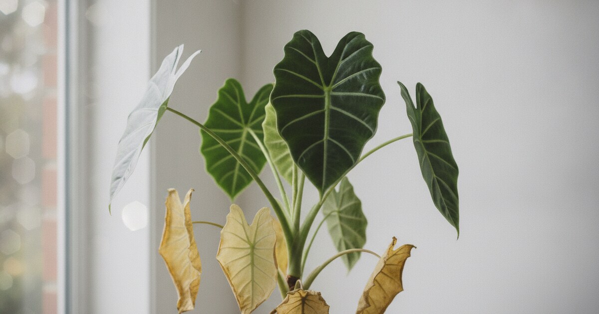 Alocasia plant with yellow leaves at different stages — lower leaves pale yellow, upper leaves deep green — in a bright indoor setting