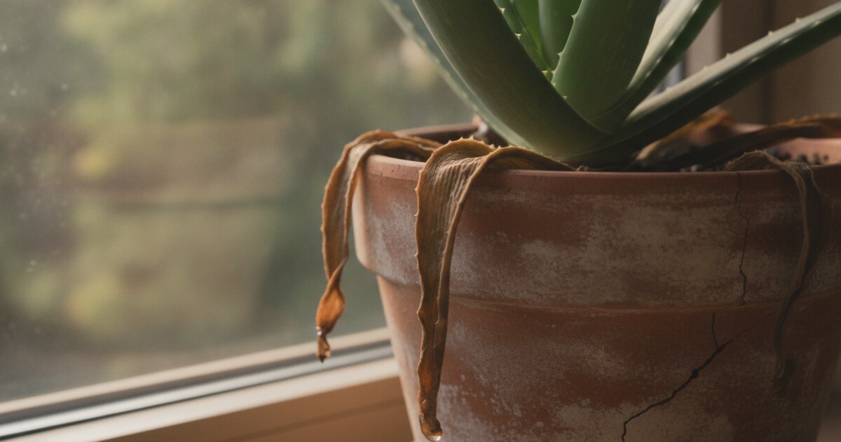 Aloe vera plant with brown, mushy leaves at the base, signs of overwatering and root rot