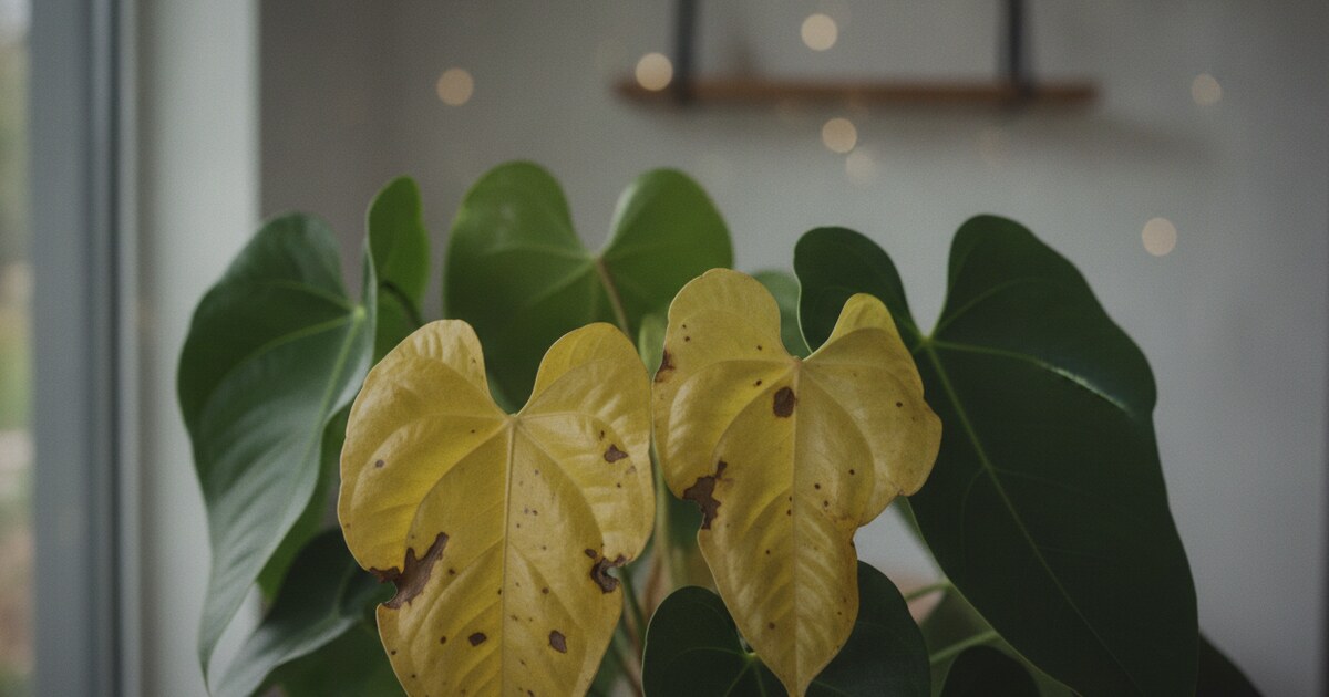 Anthurium plant with yellowing leaves showing stress symptoms alongside healthy green foliage