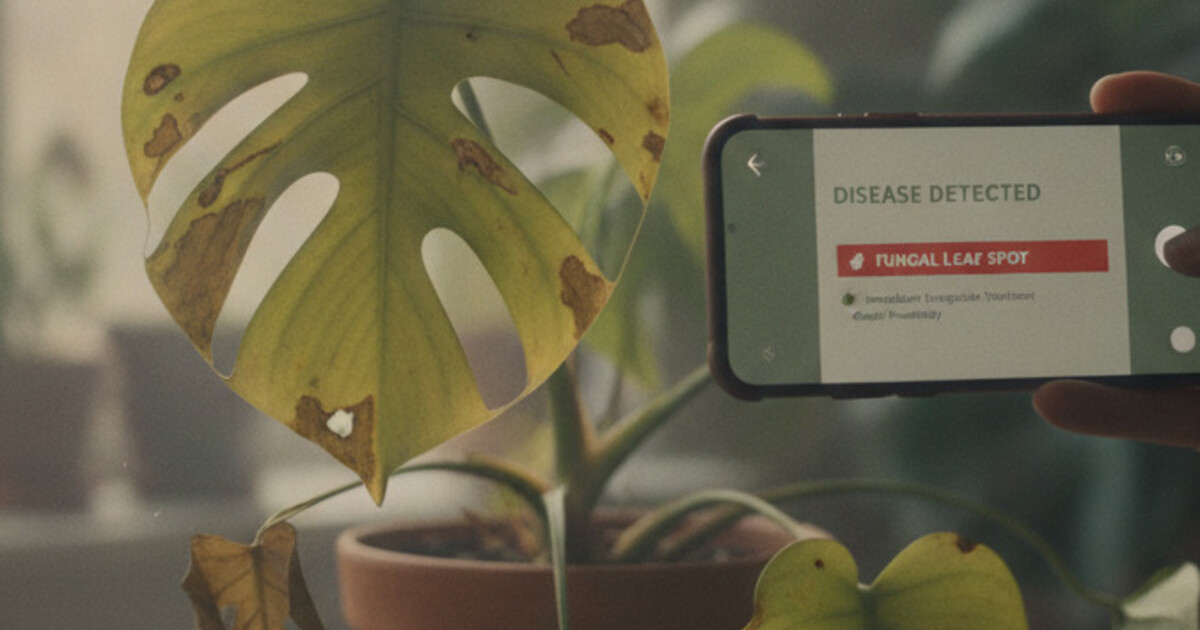 Person holding a smartphone showing a plant diagnosis app with results on screen, pointed at a wilting monstera with yellowing leaves on a wooden table in natural light