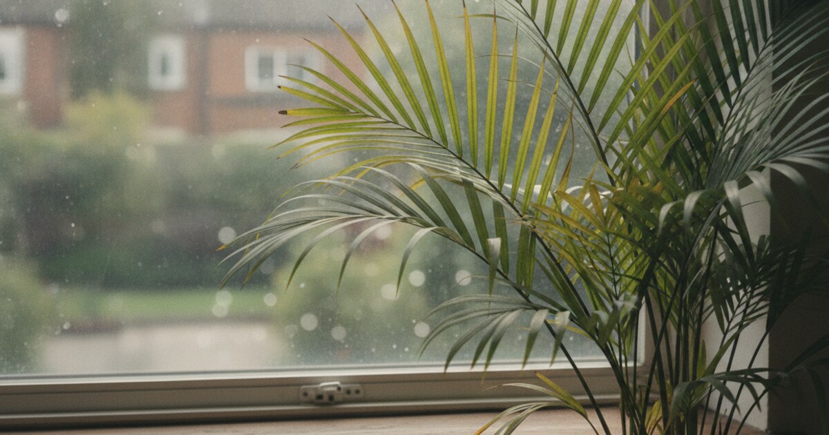 Areca palm houseplant with several yellowing fronds, shown indoors against a bright window