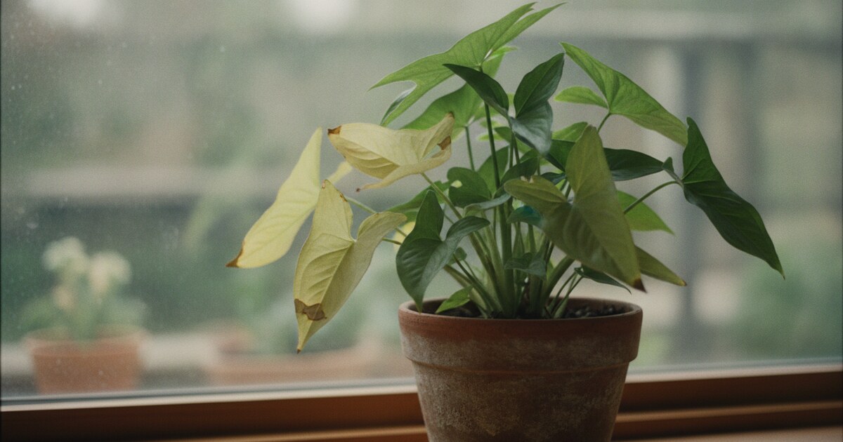 Arrowhead plant with yellow leaves alongside healthy green foliage on a bright windowsill