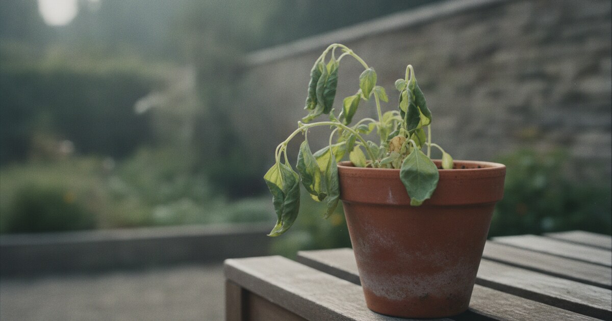 Basil plant with drooping wilting leaves in a terracotta pot on a sunny windowsill