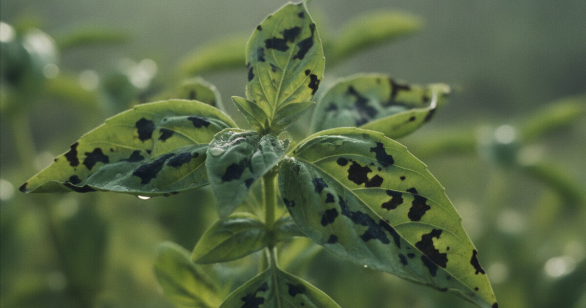 Basil plant leaves showing black spots and yellow patches from fungal disease