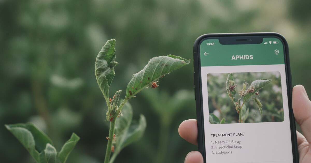Smartphone showing a pest identification app result on a leaf with aphid damage