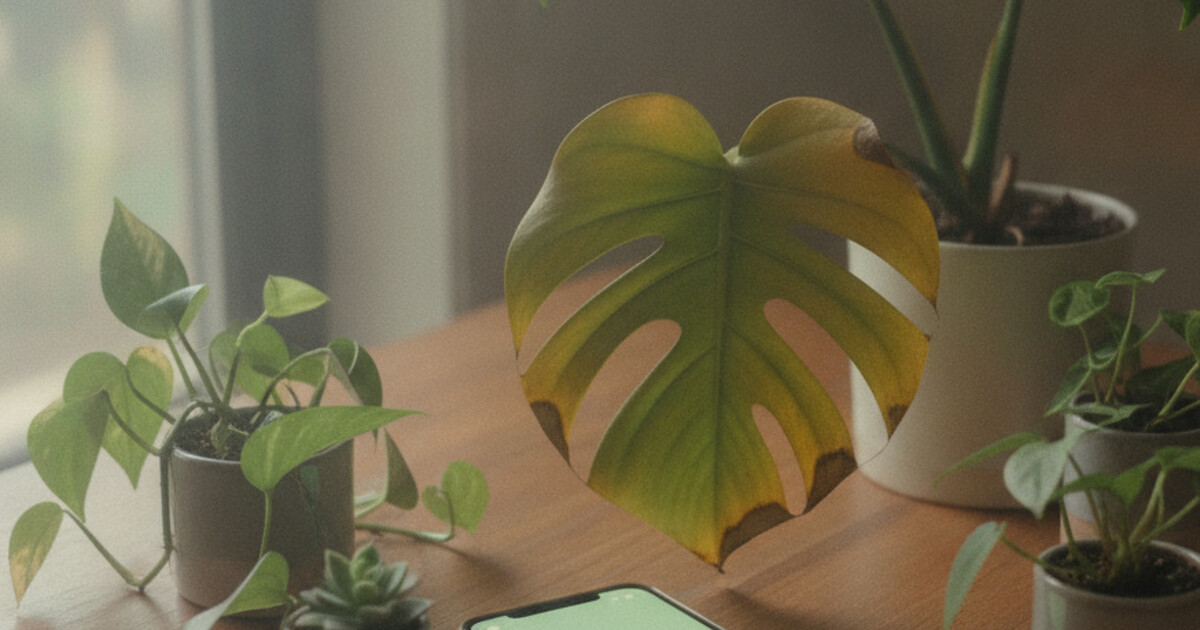 Smartphone showing a plant disease diagnosis app next to a monstera plant with yellowing leaves on a wooden table