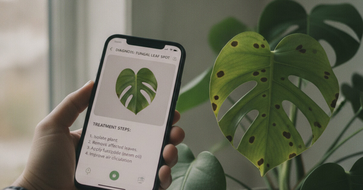 Close-up of a smartphone showing a plant disease diagnosis on screen, held next to a potted plant with yellowing spotted leaves