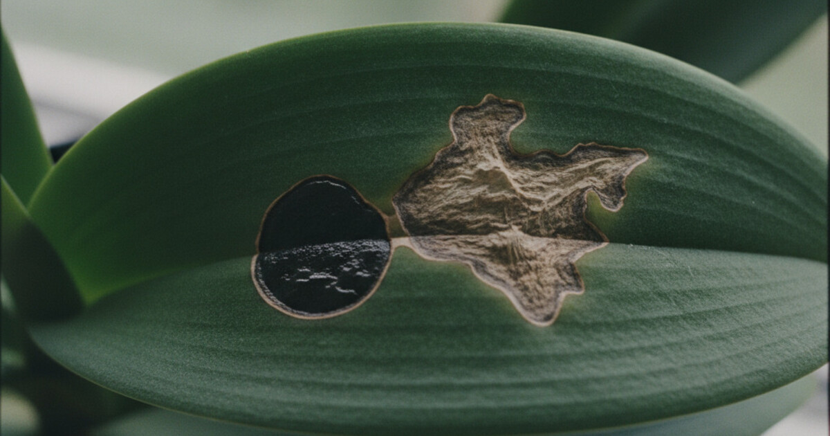 Close-up of a Phalaenopsis orchid leaf with black spots showing water-soaked fungal rot alongside dry papery sunburn damage