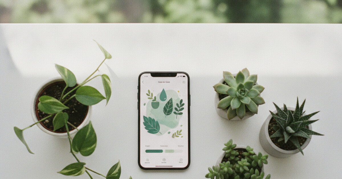 Overhead flat lay of a smartphone displaying a plant care app next to green potted houseplants including pothos and succulents on a white surface