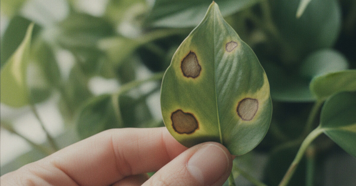 Close-up of a pothos leaf with brown spots ringed by a yellow halo