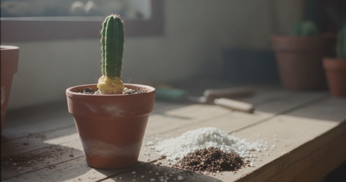 Close-up of a cactus in a terracotta pot with a yellowing, soft base showing early root rot at soil level