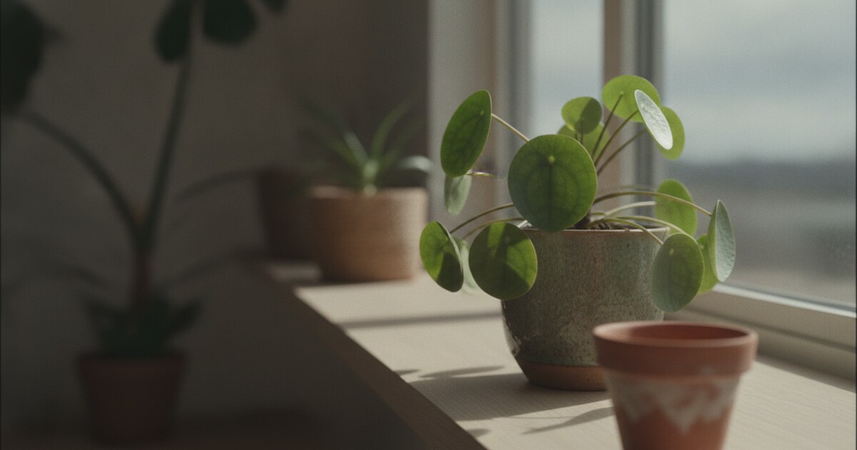 Chinese money plant with round coin-shaped leaves curling inward from low humidity stress