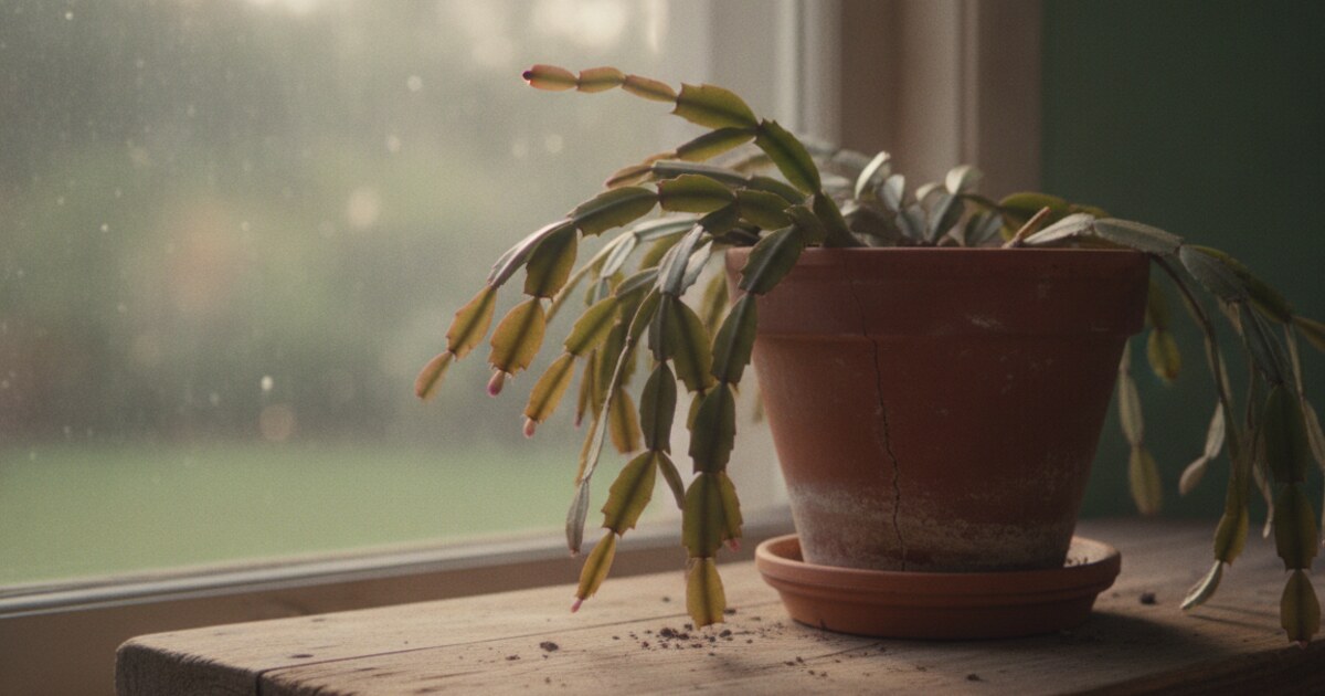 Christmas cactus with limp drooping segments in a terracotta pot