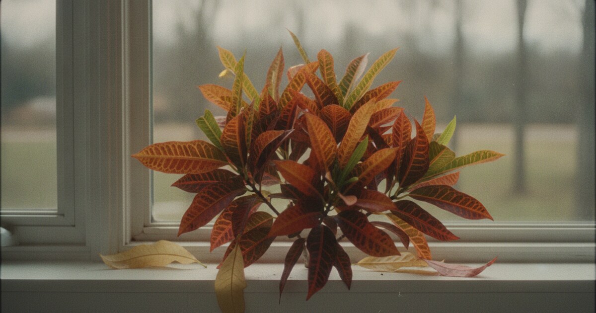 Croton plant with colorful orange and red leaves showing leaf drop stress