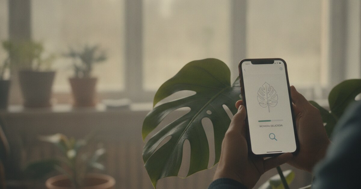 Person pointing smartphone camera at a tropical houseplant leaf to identify it with a plant app