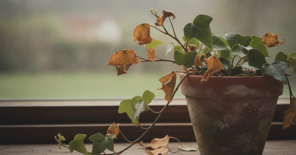 English ivy plant with brown, crispy leaf edges on a windowsill