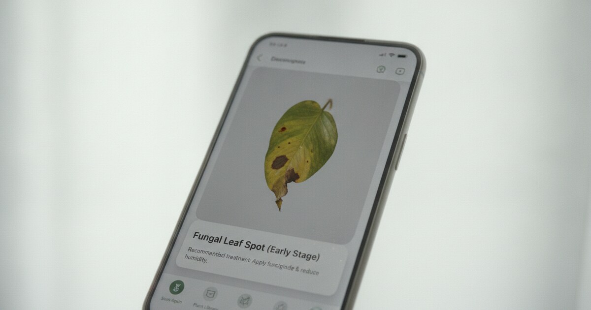 Smartphone showing a plant disease diagnosis app analyzing brown spots on a leaf