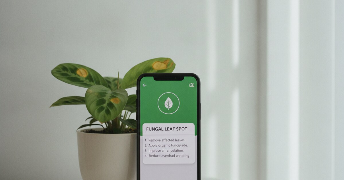 Smartphone displaying a plant diagnosis app result beside a houseplant with yellowing diseased leaves