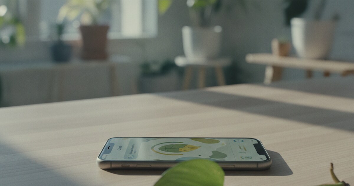 Smartphone showing a plant care app result next to green houseplants on a bright windowsill desk