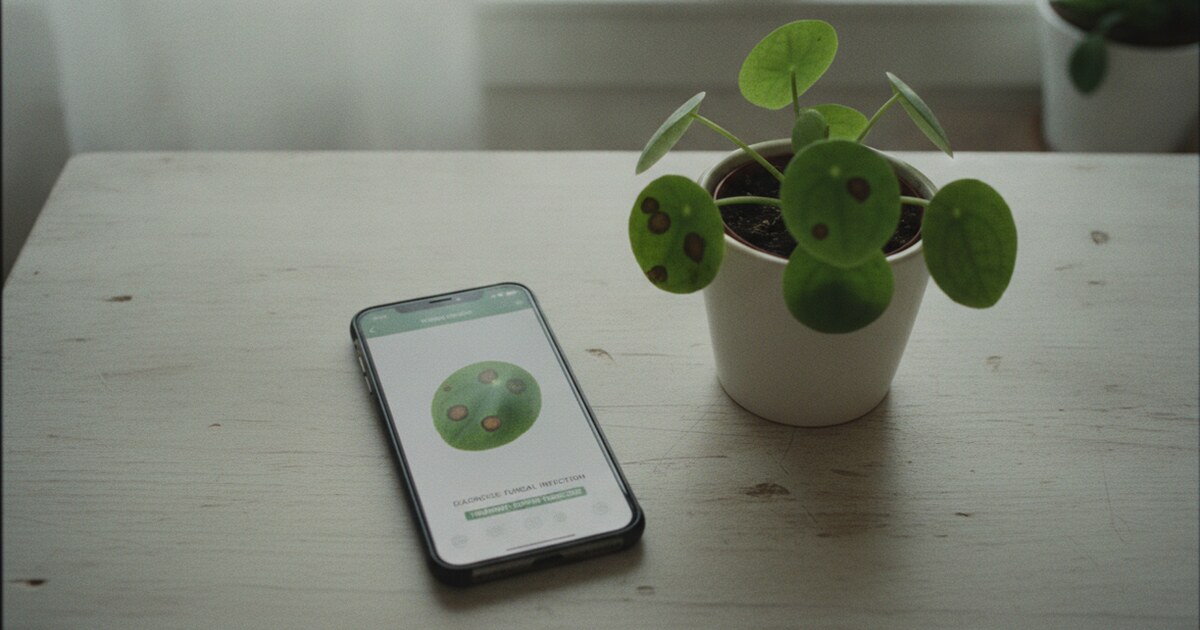 Smartphone showing a plant identification app result next to a green houseplant with spotted leaves on a wooden desk