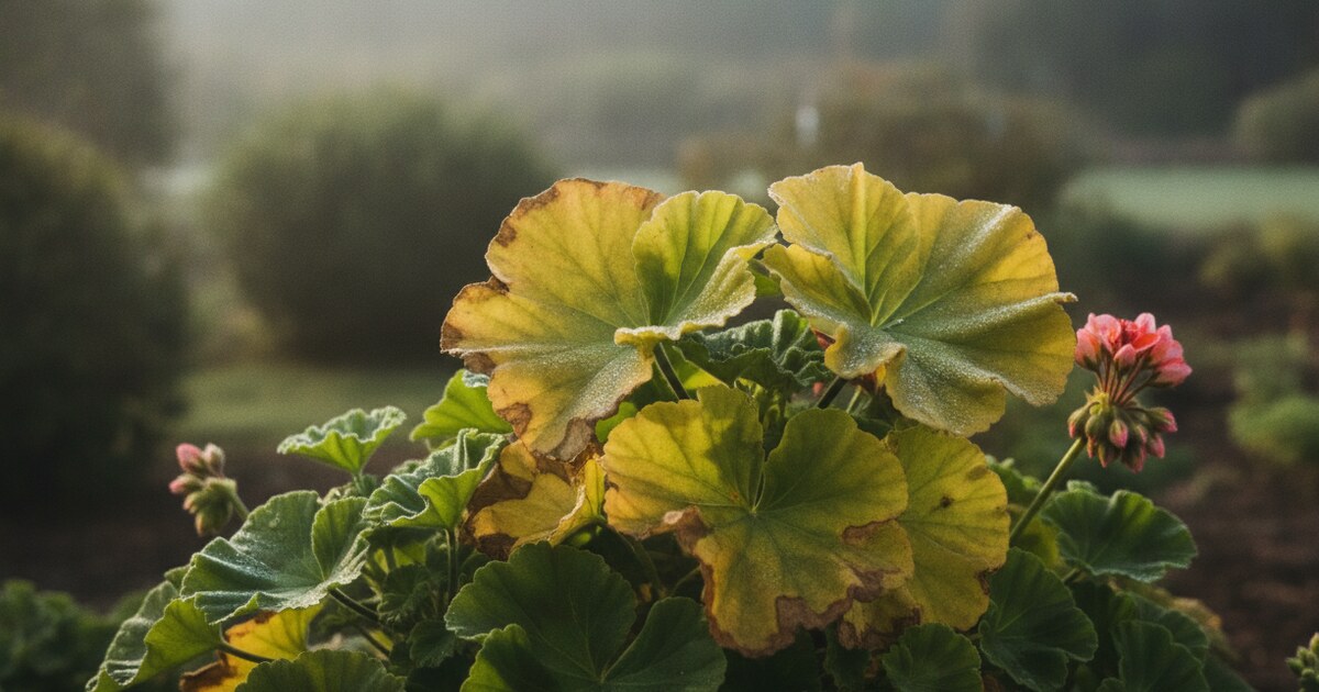 Geranium plant with yellowing leaves showing multiple yellow and green leaves in natural garden light