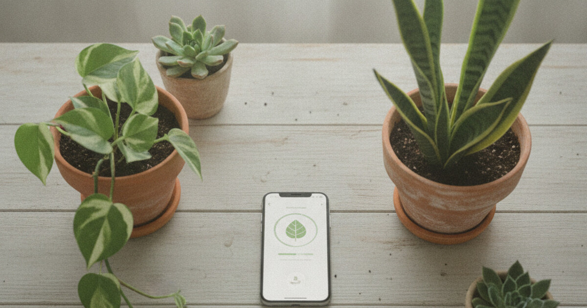 Smartphone showing a plant care app next to a group of healthy green houseplants including a pothos and a snake plant on a wooden desk