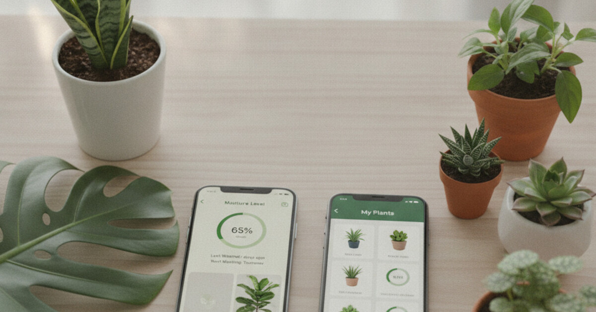 Two smartphones side by side showing different plant care apps next to small potted houseplants on a light wood surface