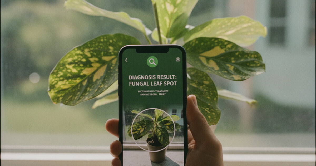 Hand holding a smartphone displaying a plant disease diagnosis app scanning a sick houseplant with spotted leaves on a bright windowsill