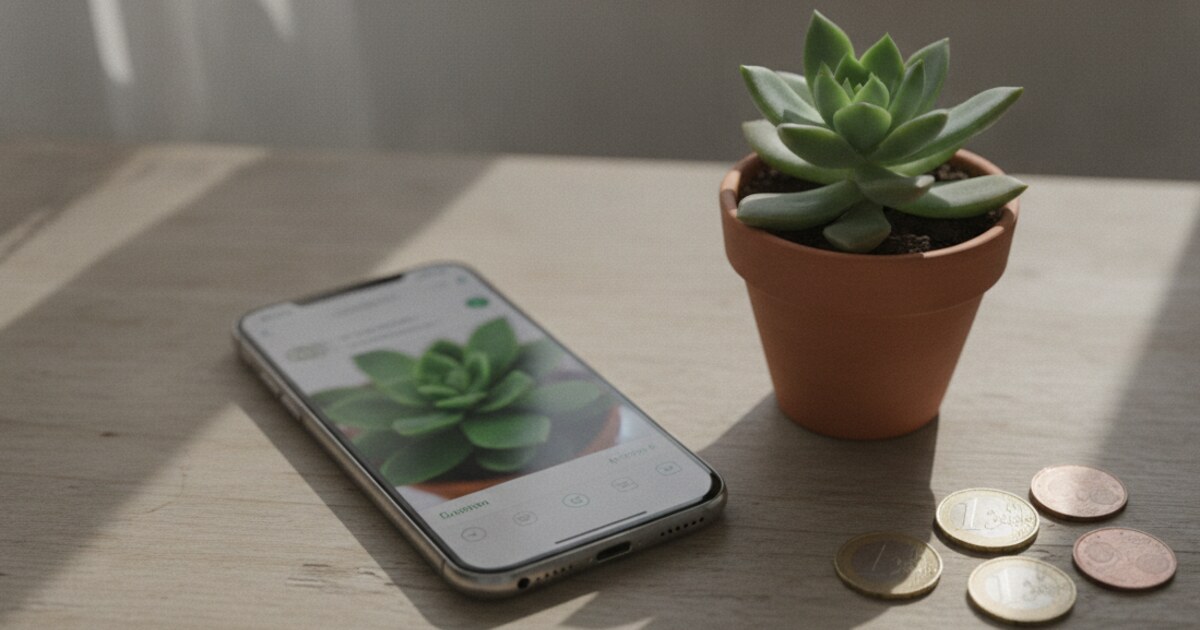 Smartphone showing a plant identification app next to a small succulent on a wooden desk