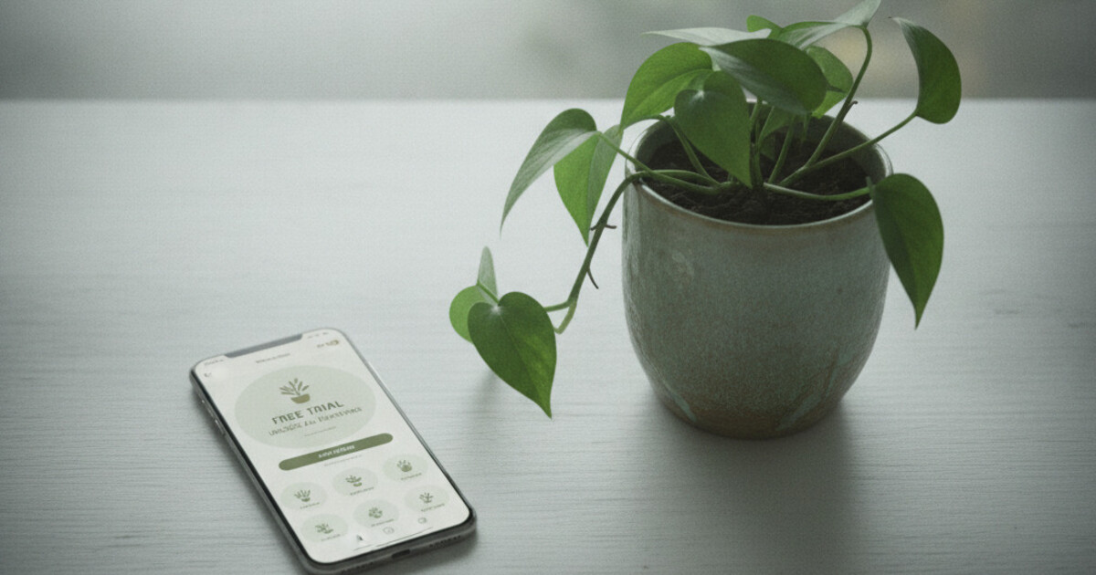 A smartphone displaying a plant identification app with a free trial screen next to a green houseplant on a white desk