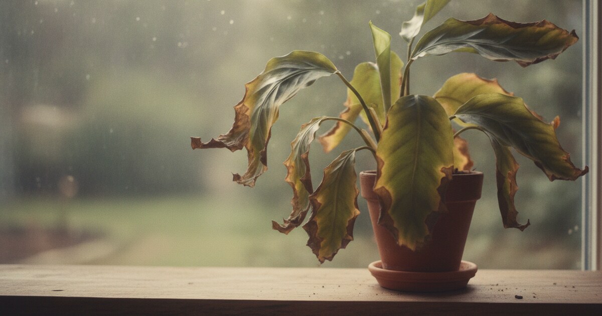 Calathea plant with drooping yellowing leaves and brown crispy edges on a bright windowsill