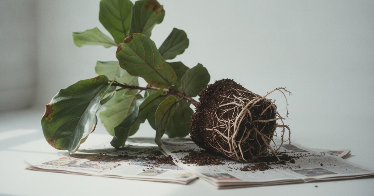 Fiddle leaf fig with brown spots being examined and repotted to treat root rot