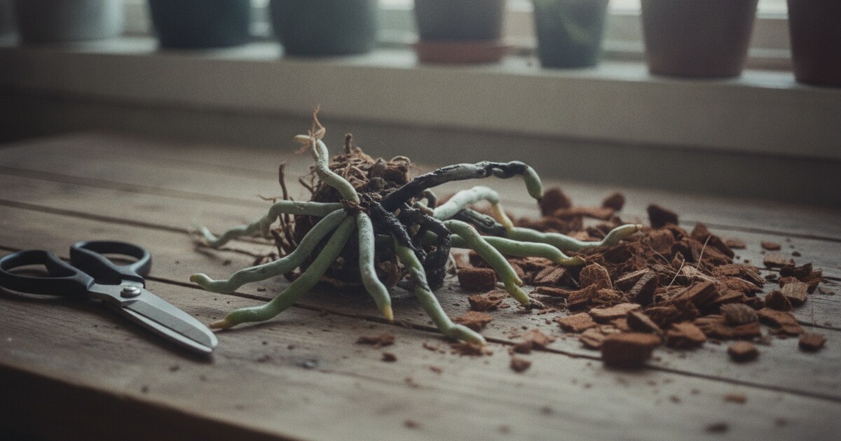 Phalaenopsis orchid with dark mushy roots being trimmed and treated for root rot on a wooden surface