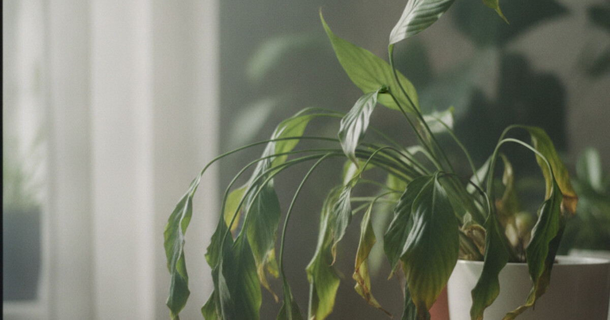 Wilting peace lily with drooping leaves and yellowing foliage on a wooden surface