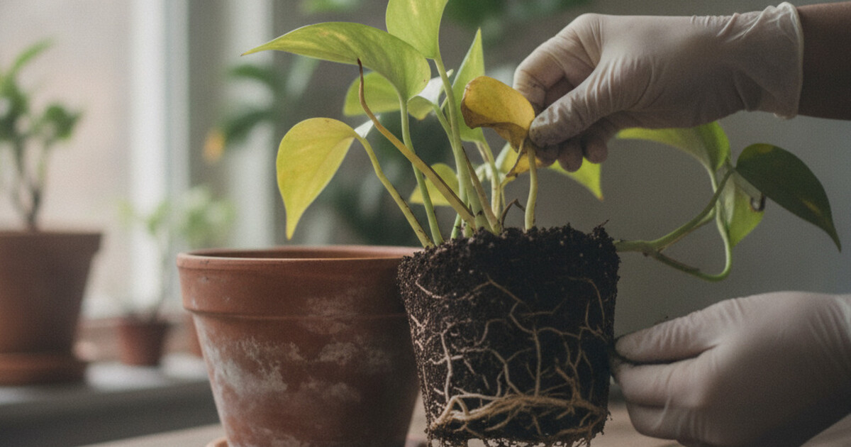 Pothos plant with yellowing leaves being removed from pot to inspect roots for root rot rescue