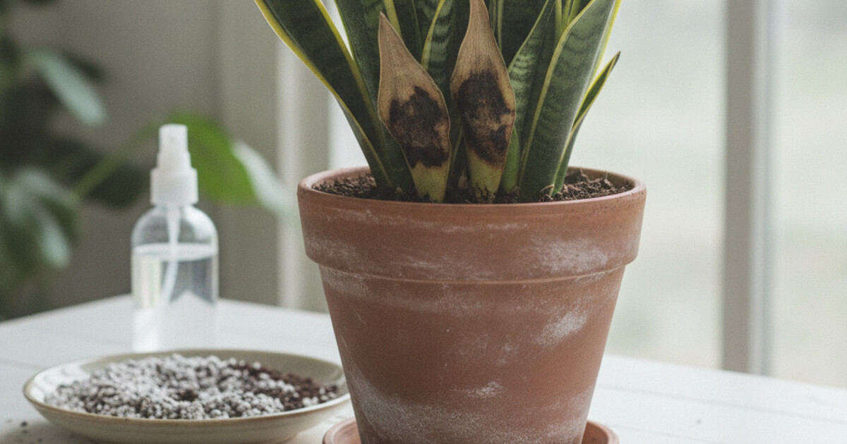 Dracaena trifasciata snake plant with yellowing mushy base leaves next to repotting supplies on a white surface
