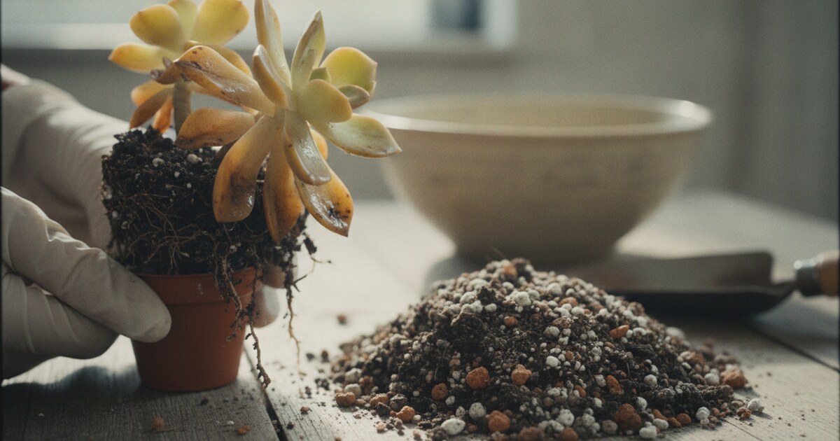 Overwatered succulent with mushy yellow leaves being repotted into fresh cactus mix