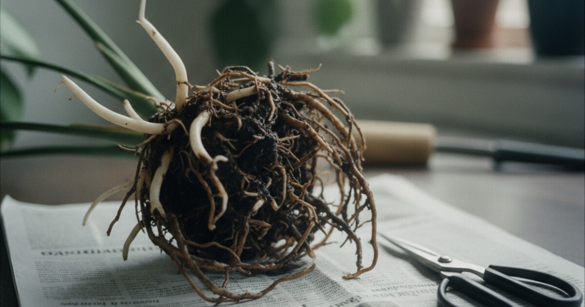 Monstera plant root ball laid out on newspaper showing healthy white roots and dark rotted roots being trimmed with scissors