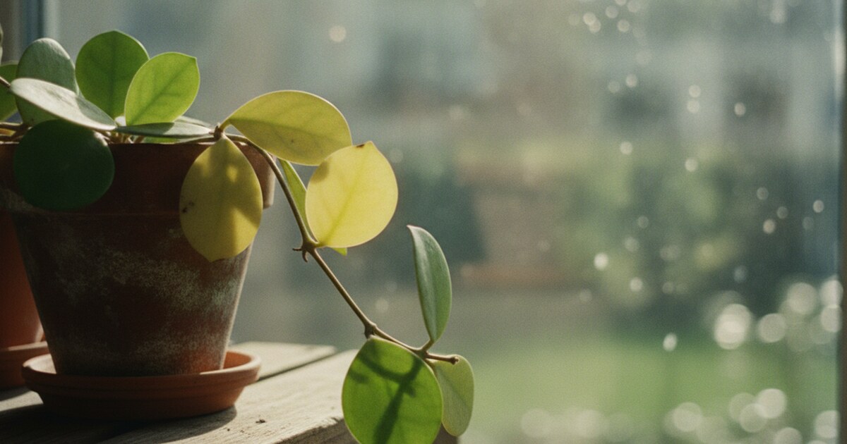 Hoya carnosa plant with several waxy leaves turning pale yellow, sitting on a wooden shelf near a sunny window