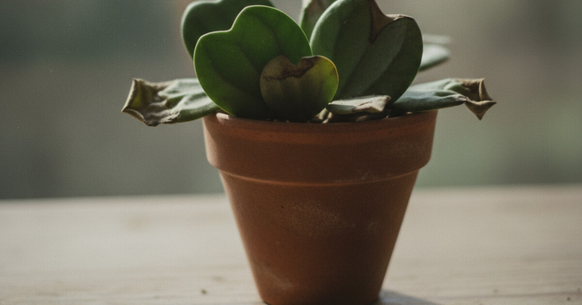Hoya plant with wrinkled and shriveled leaves on a wooden surface