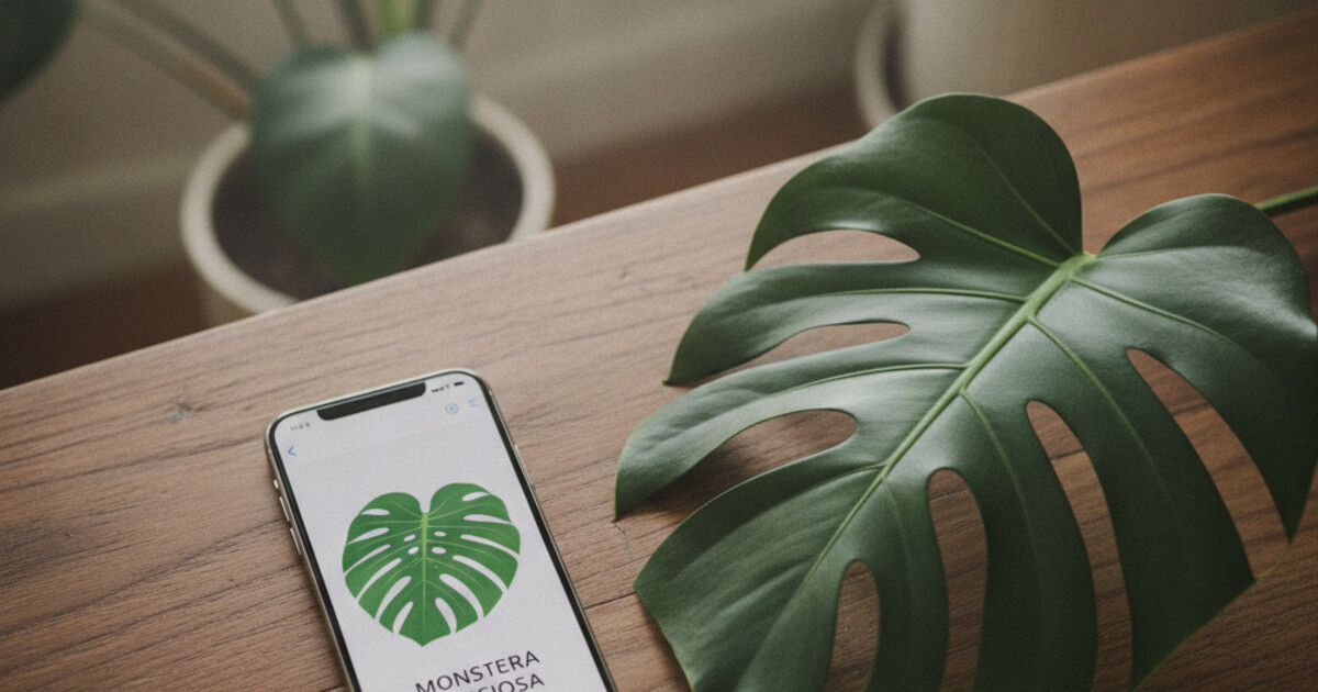A smartphone displaying a plant identification app scanning a green leaf on a wooden desk next to a potted houseplant