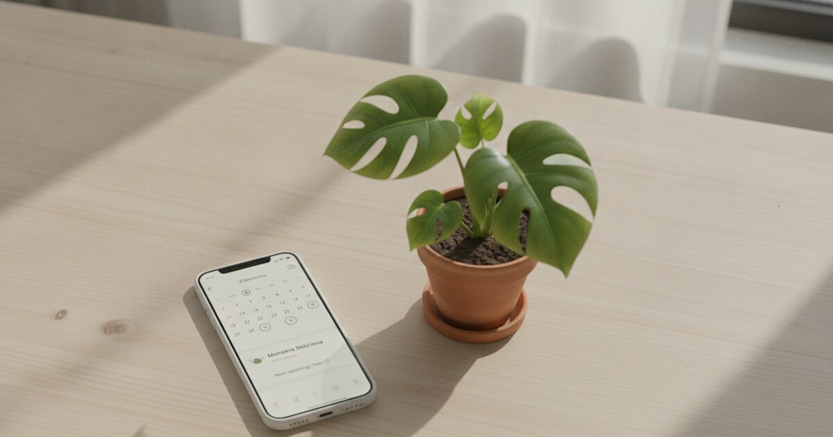 A smartphone displaying the Planta plant care app next to a healthy green houseplant on a bright windowsill