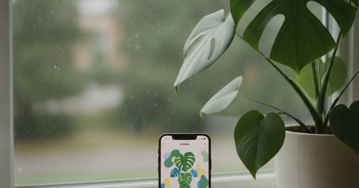 A smartphone showing a plant care app next to a healthy potted monstera on a bright windowsill