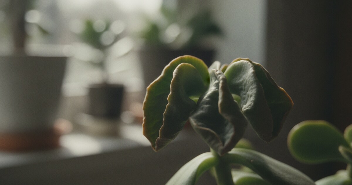 Jade plant with wrinkled, shriveling leaves showing moisture stress symptoms