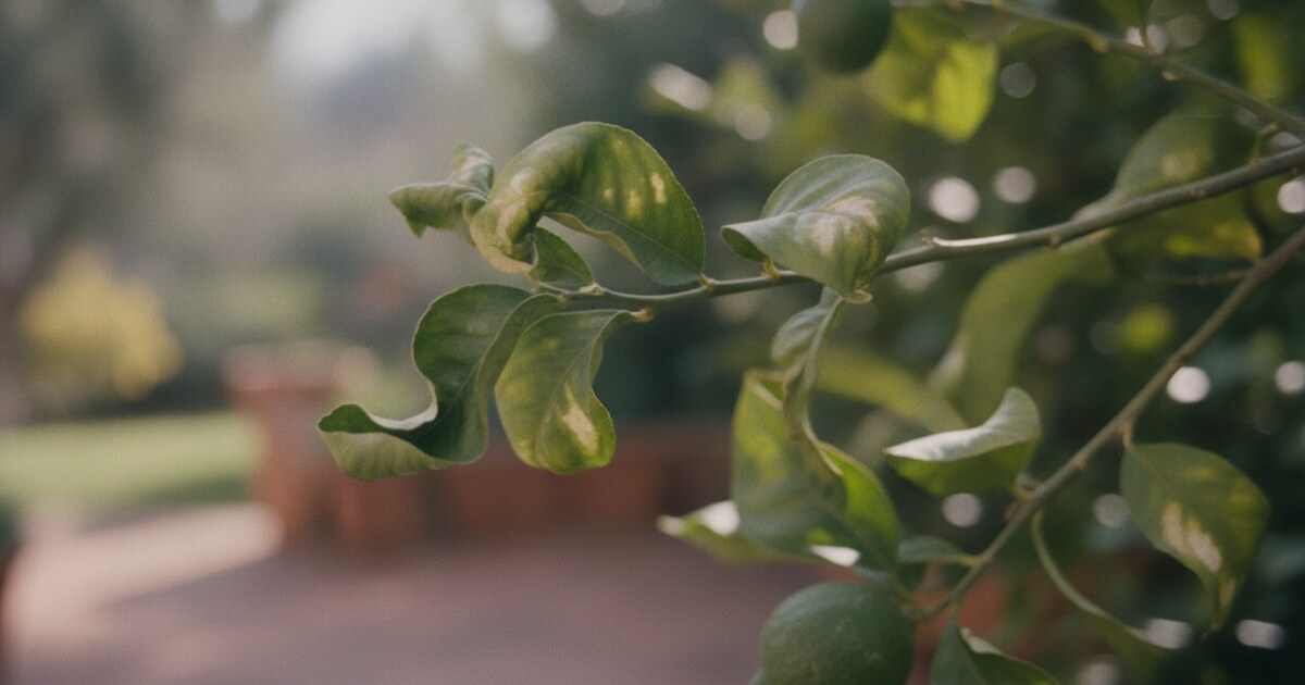 Lemon tree branch with curling green leaves showing drought stress on a potted citrus tree