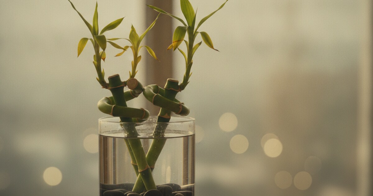 Lucky bamboo stalks with yellow leaves in a water vase