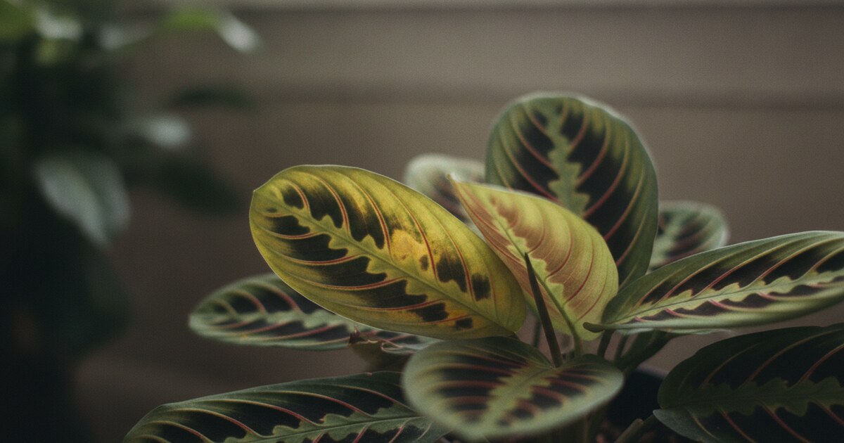 Maranta prayer plant with yellow leaves on a white background