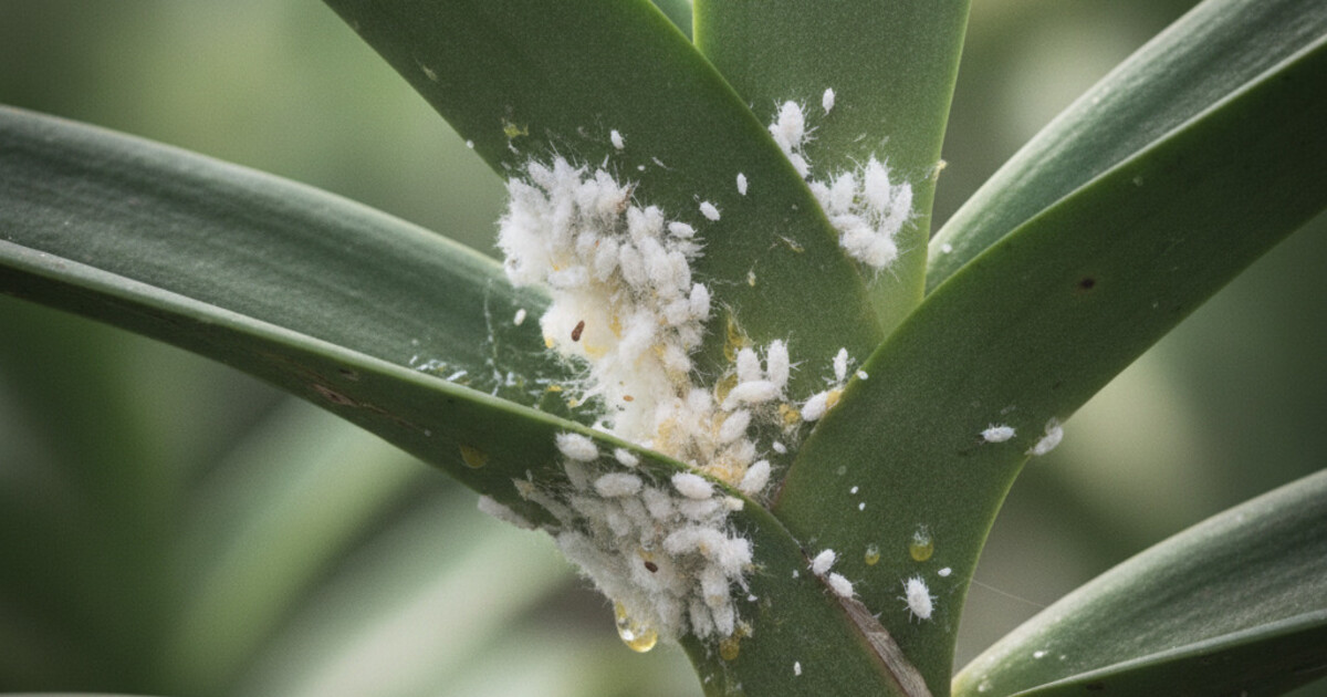 White cottony mealybug clusters in orchid leaf axils and pseudobulb sheaths