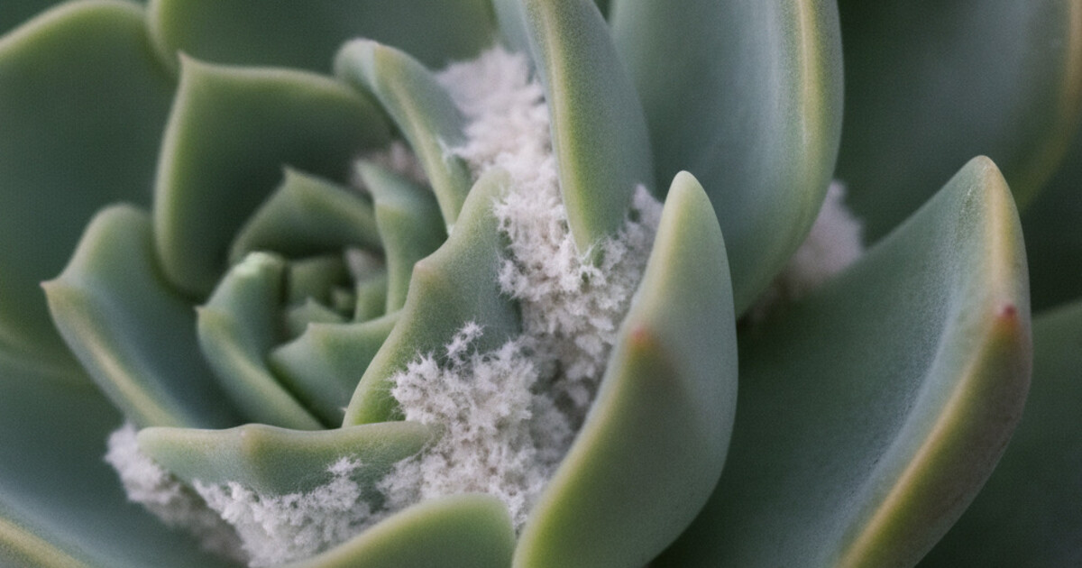 Close-up of white cottony mealybug clusters nestled between echeveria succulent leaves